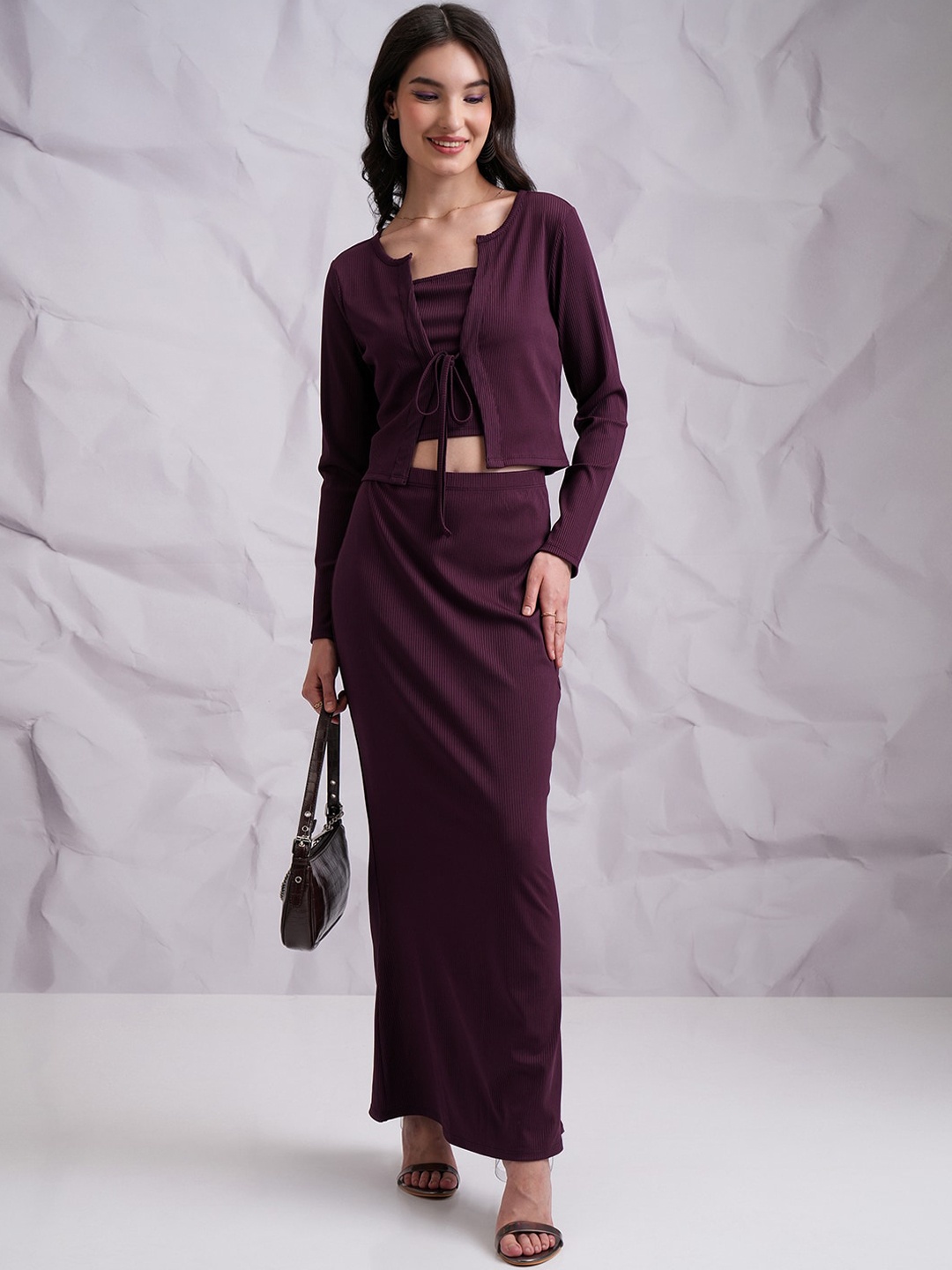 

Tokyo Talkies Purple Ribbed Tube Top & Cardigan with Skirt