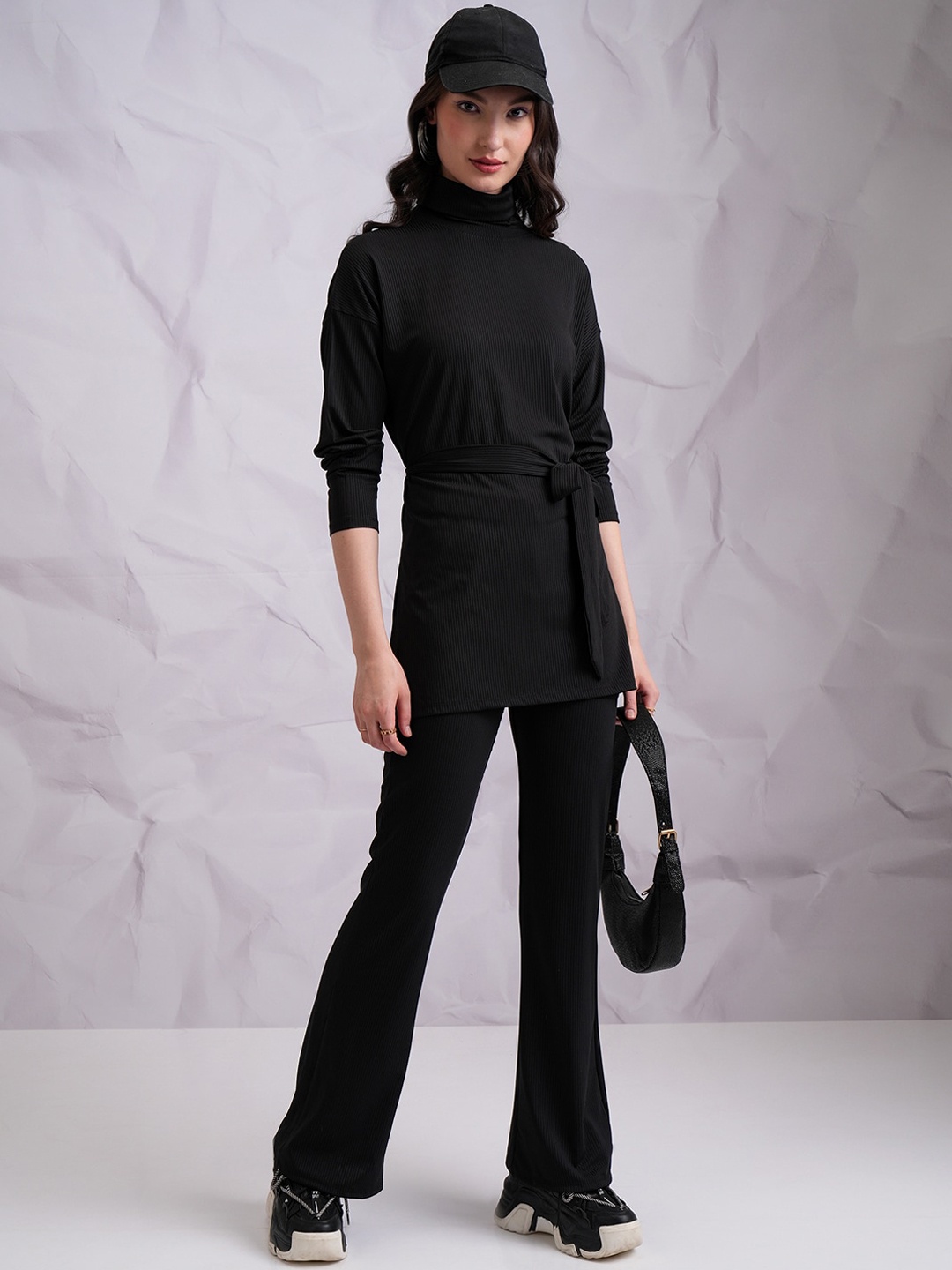 

Tokyo Talkies Black High Neck Longline Top With Trouser & Belt