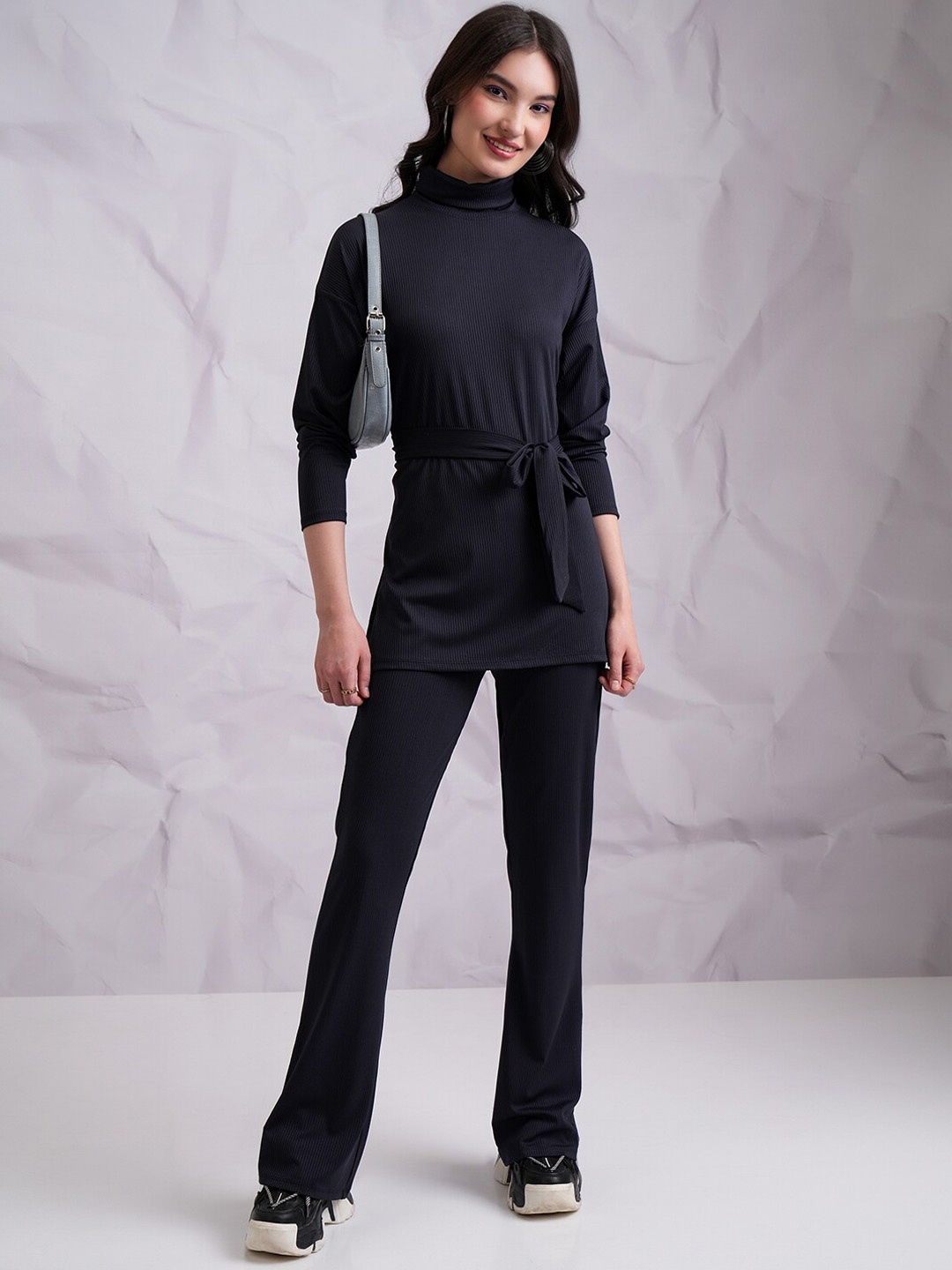 

Tokyo Talkies Navy Blue High Neck Longline Top With Trouser & Belt