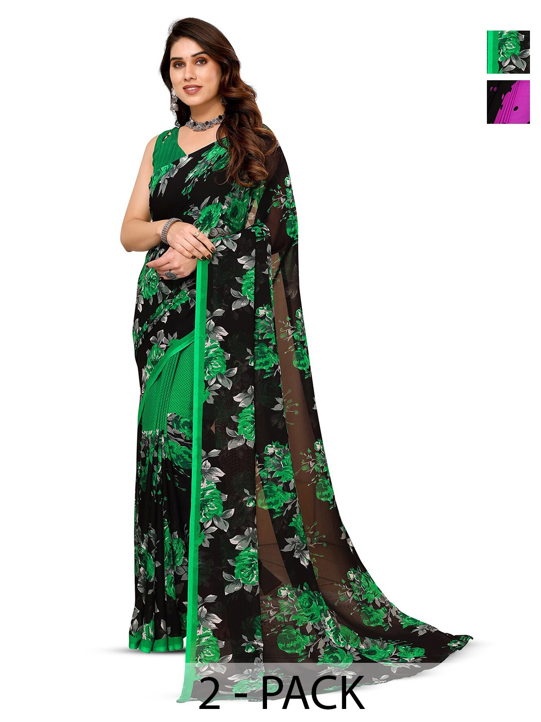 

ANAND SAREES Pack of 2 Floral Printed Saree, Green