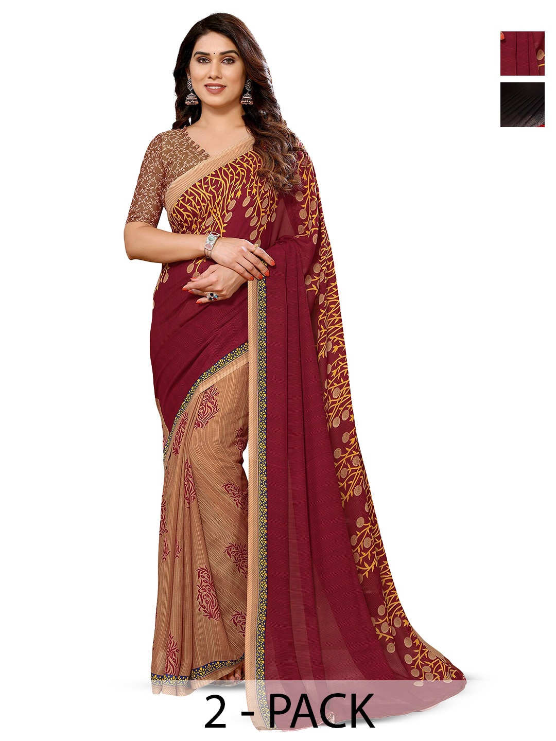 

ANAND SAREES Selection of 2 Floral Printed Saree, Brown