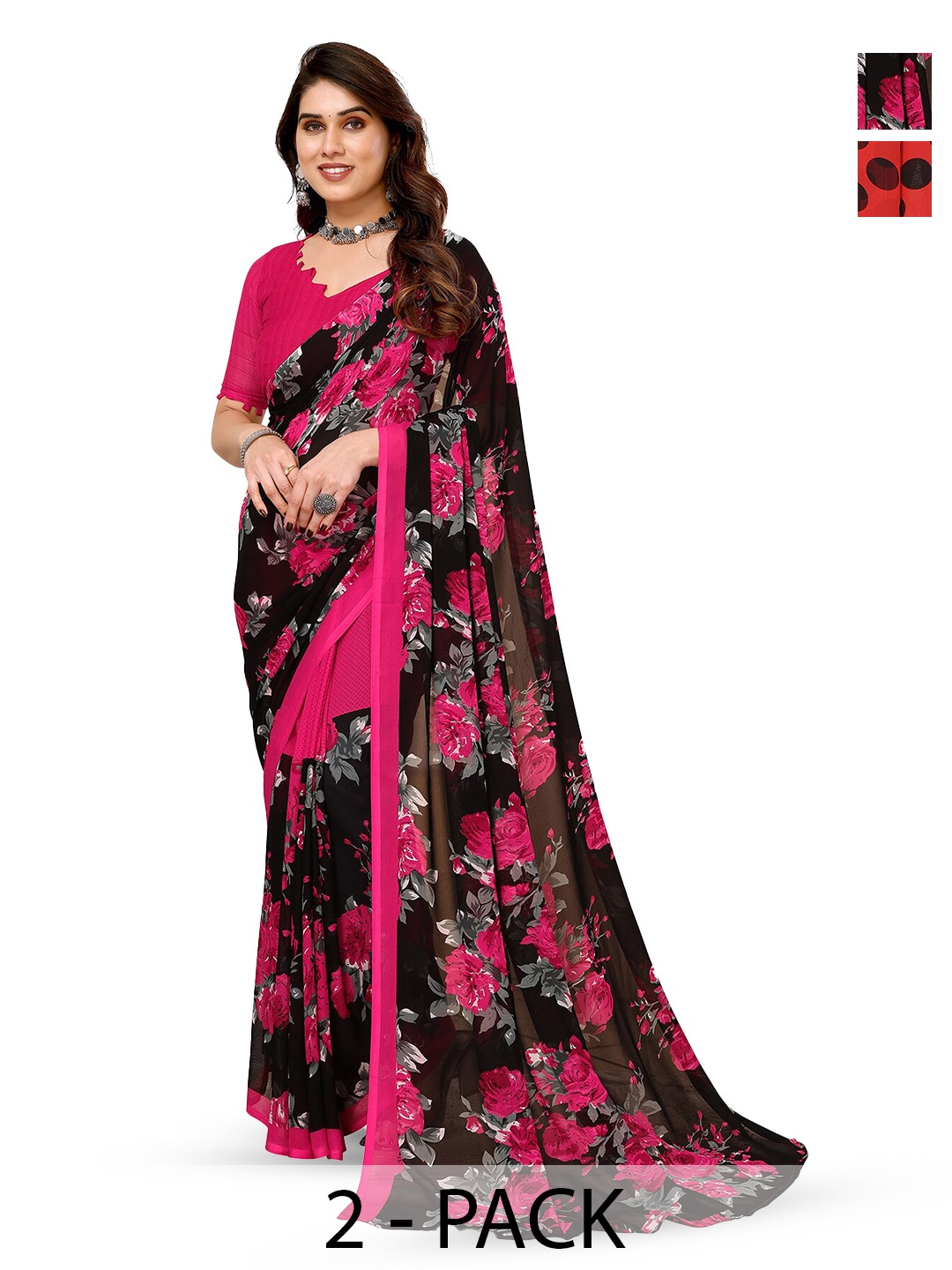 

ANAND SAREES Selection of 2 Floral Printed Saree, Red