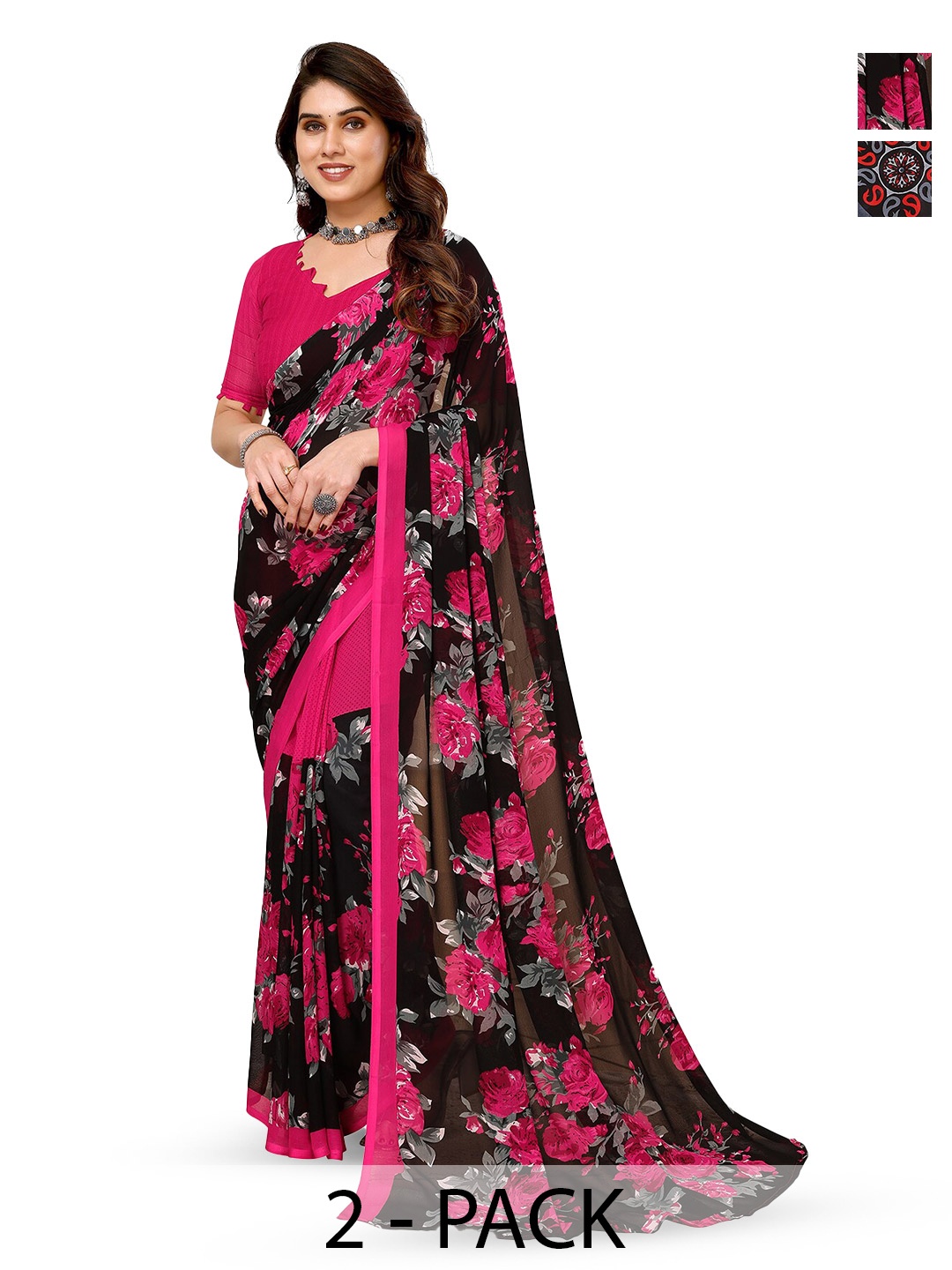 

ANAND SAREES Selection of 2 Floral Printed Saree, Black