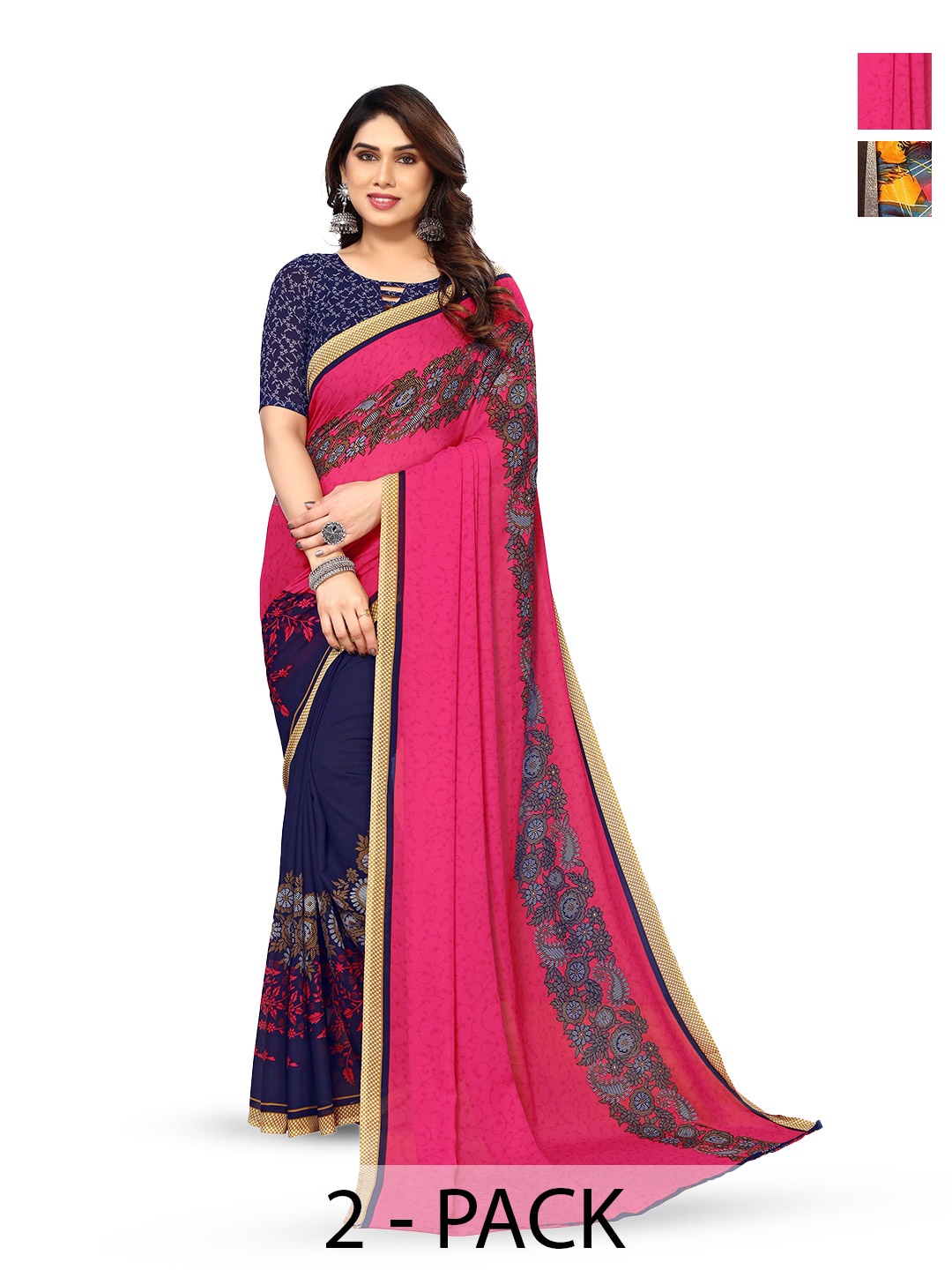 

ANAND SAREES Selection of 2 Floral Printed Saree, Blue