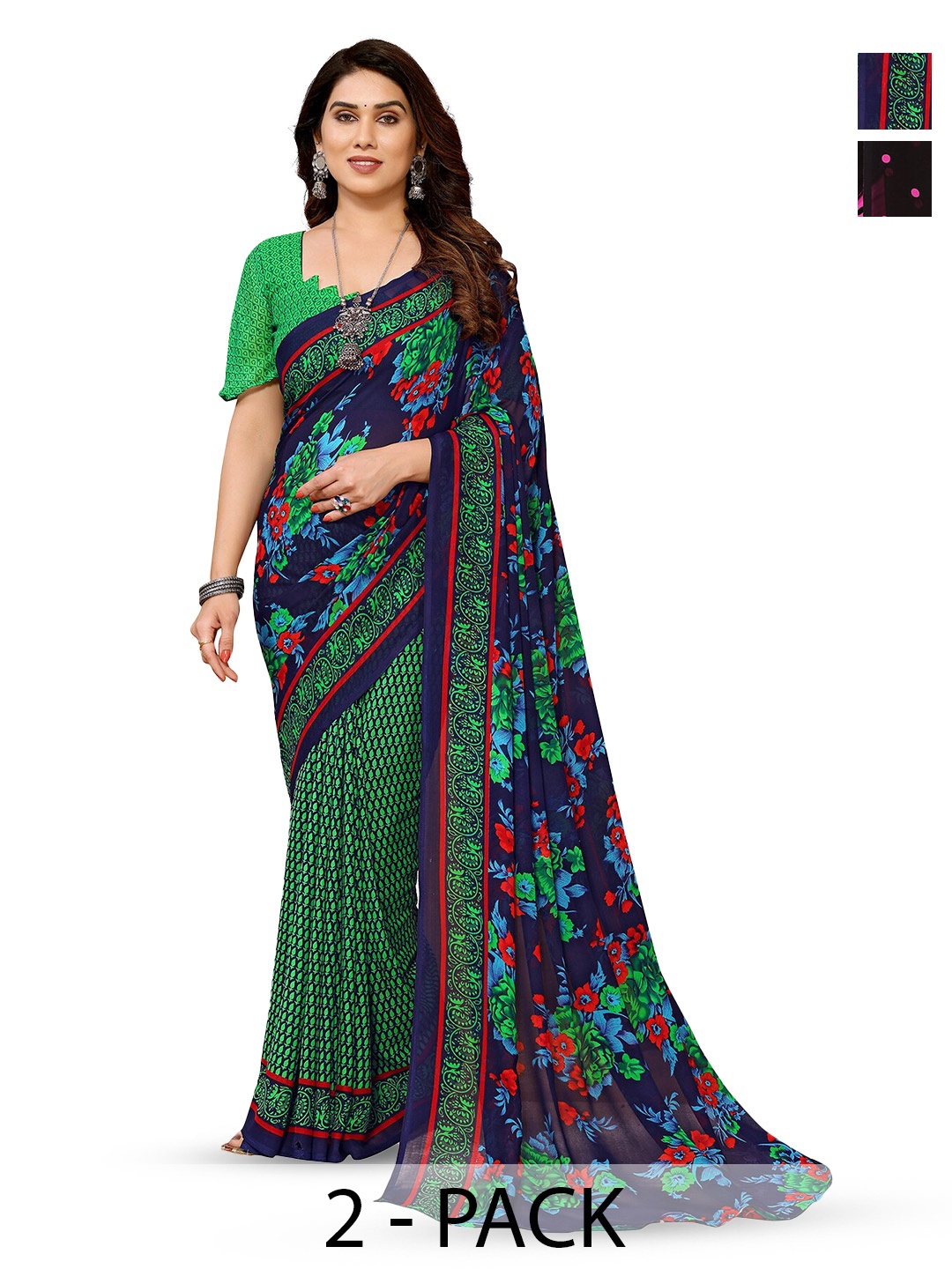

ANAND SAREES Selection Of 2 Polka Dot Printed Saree, Black