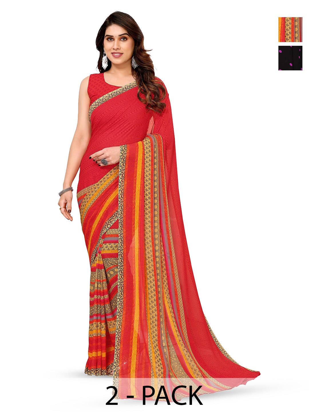 

ANAND SAREES Selection Of 2 Striped Printed Saree, Red