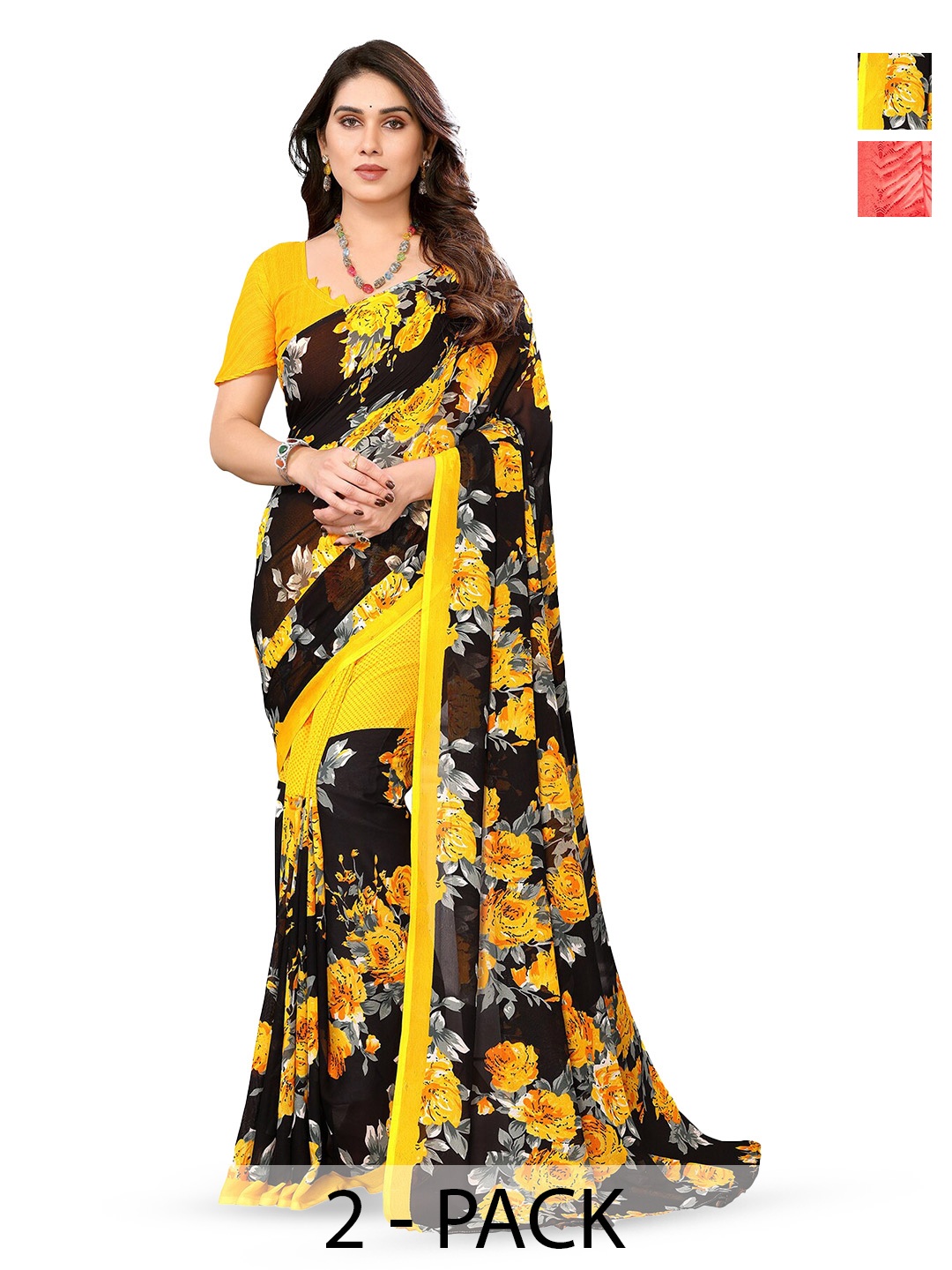 

ANAND SAREES Selection Of 2 Floral Printed Saree, Yellow