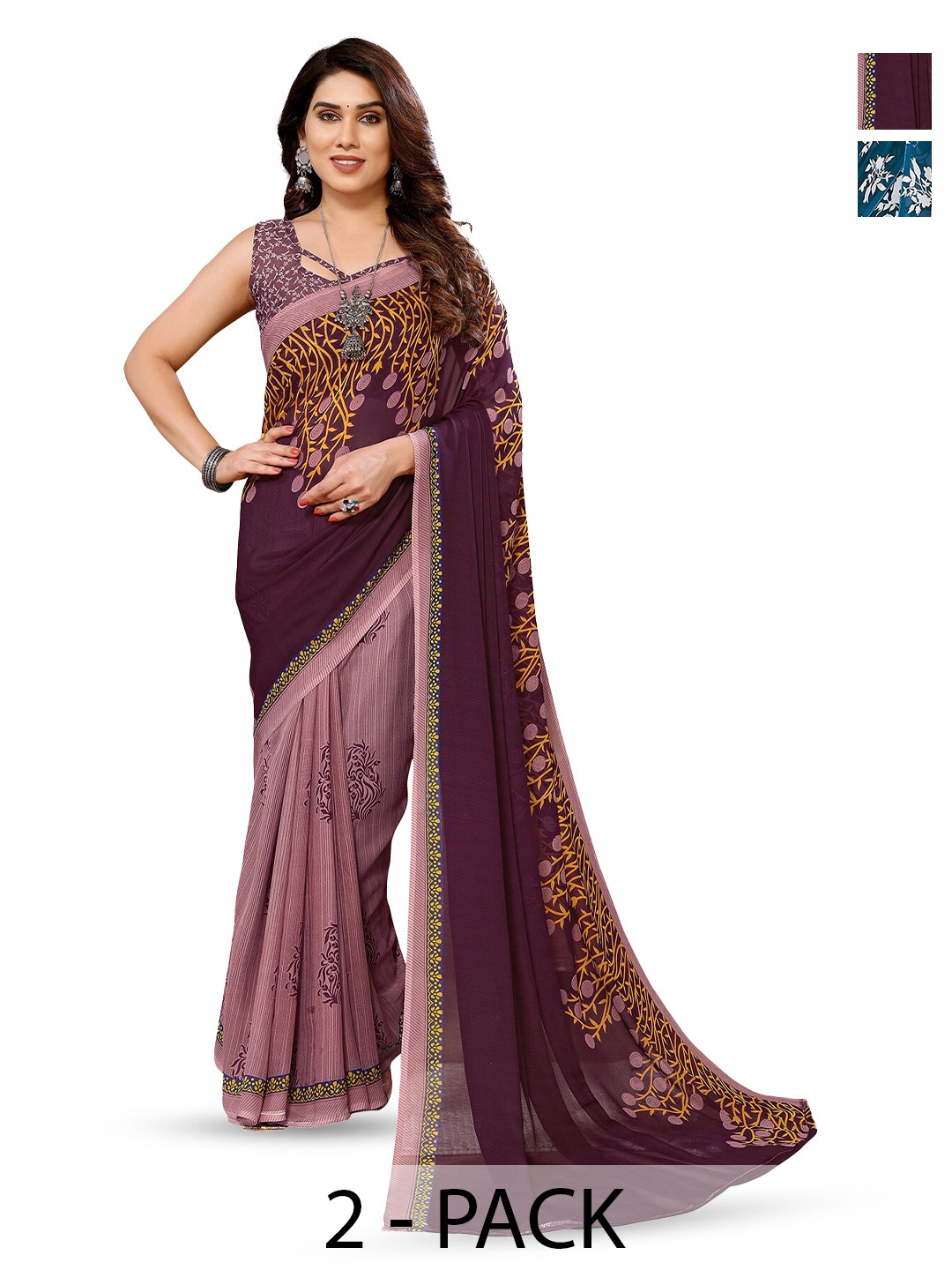 

ANAND SAREES Selection Of 2 Floral Printed Saree, Purple