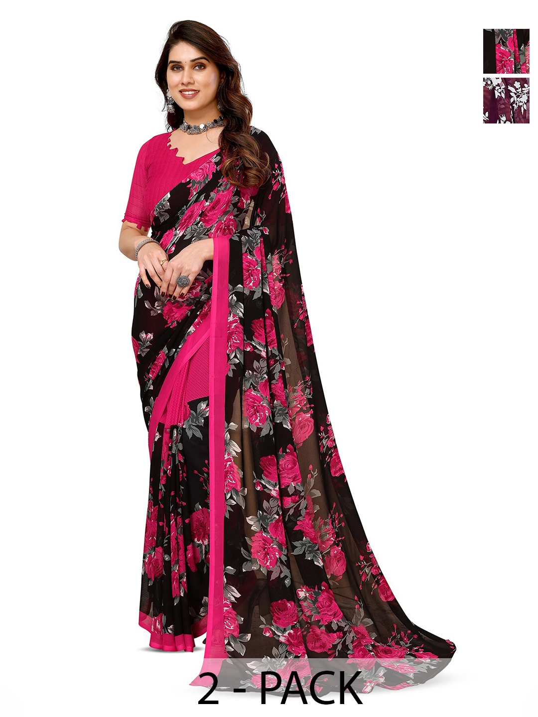 

ANAND SAREES Selection Of 2 Floral Printed Saree, Black