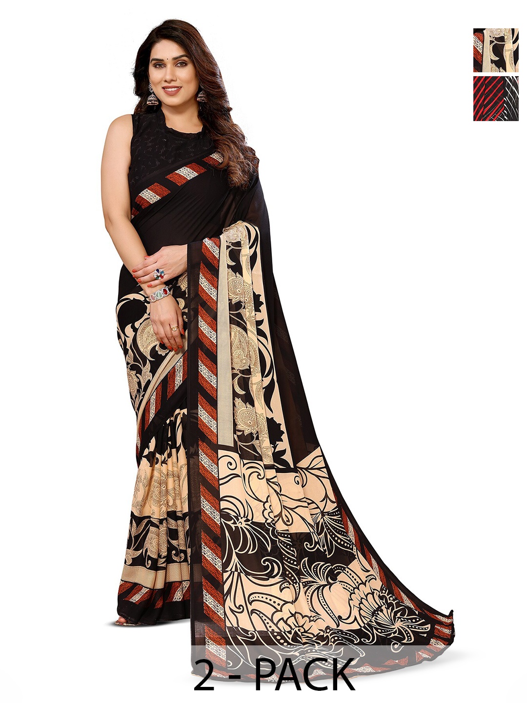

ANAND SAREES Selection Of 2 Striped Printed Saree, Beige
