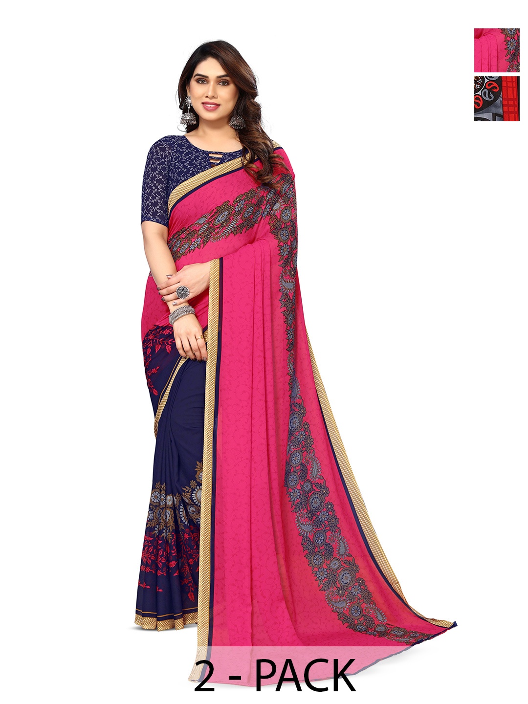 

ANAND SAREES Selection Of 2 Floral Printed Saree, Black
