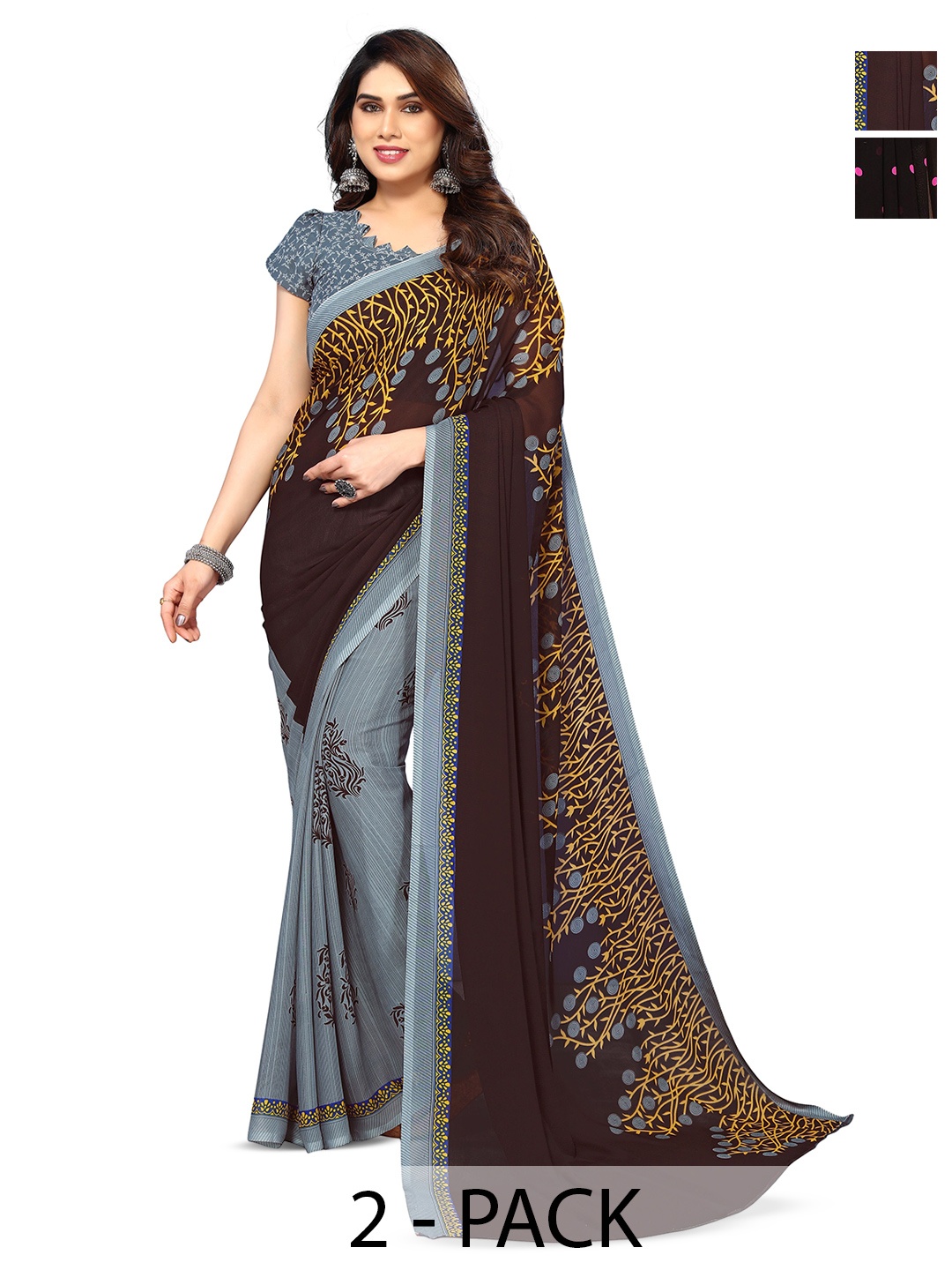 

ANAND SAREES Selection Of 2 Floral Printed Saree, Black