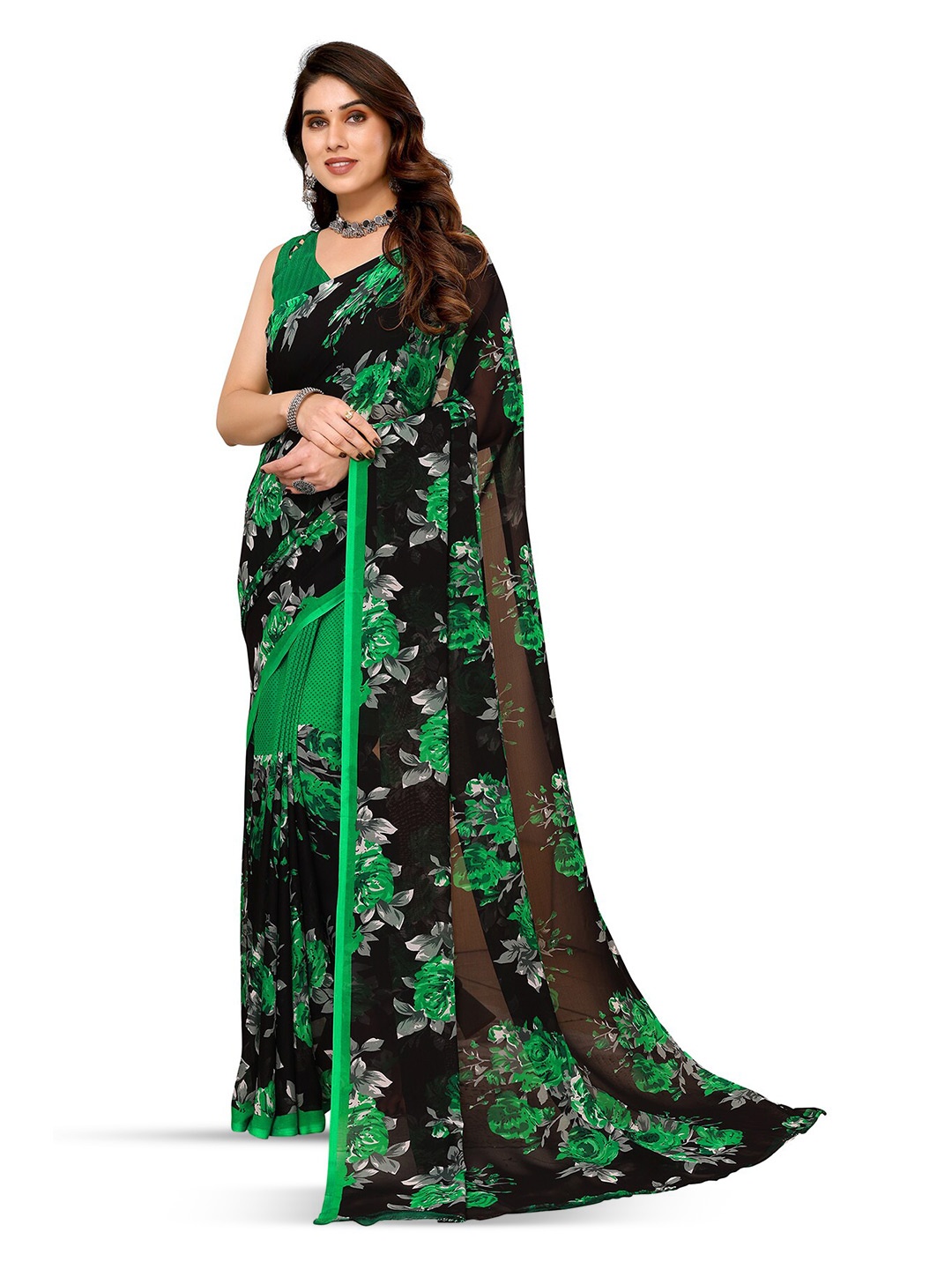 

ANAND SAREES Selection Of 2 Floral Printed Saree, Green