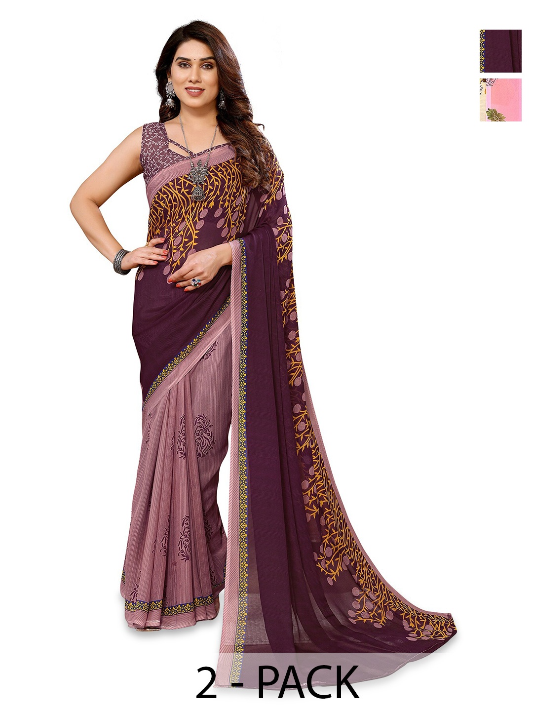 

ANAND SAREES Selection Of 2 Floral Printed Saree, Brown