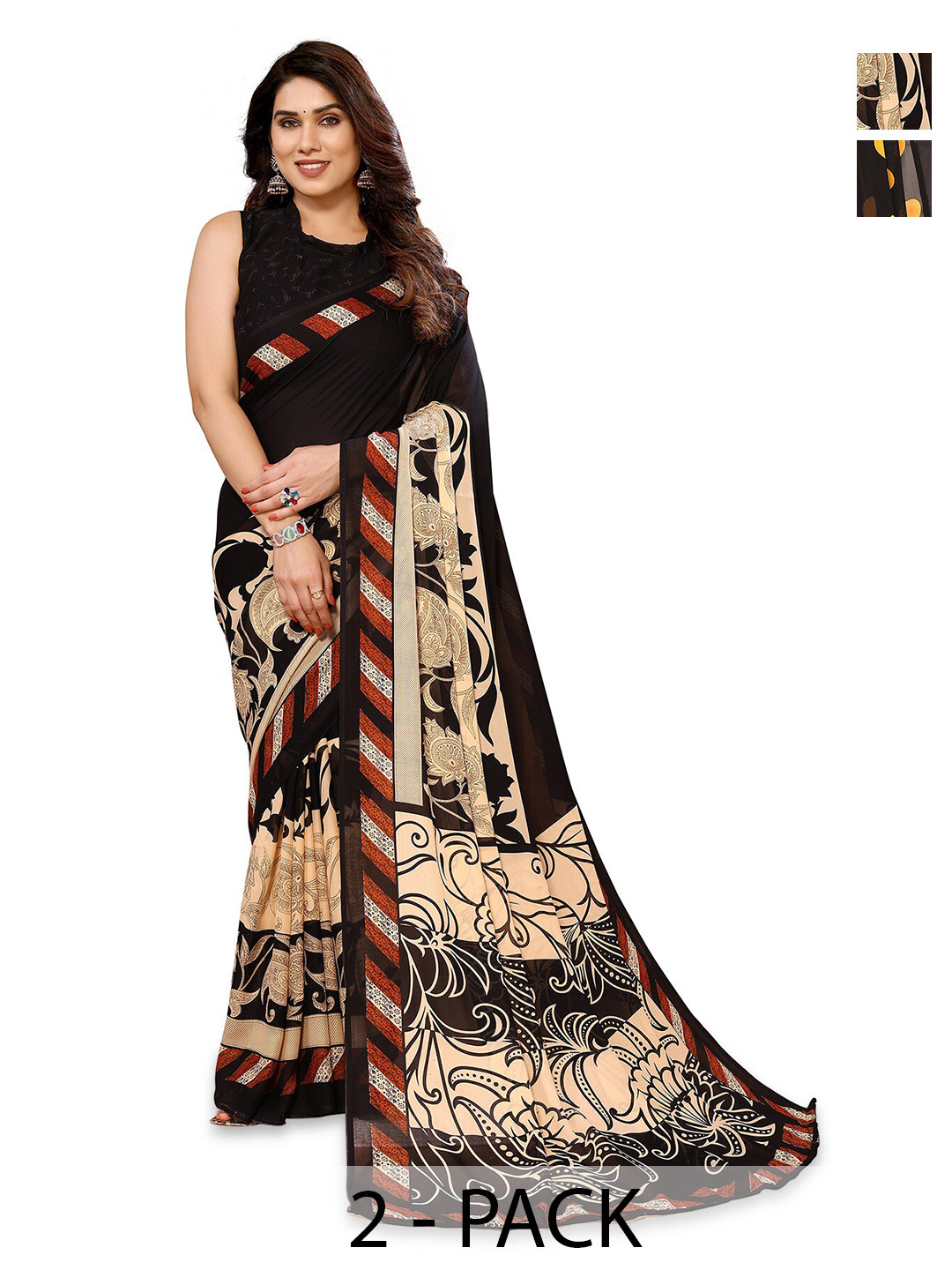 

ANAND SAREES Selection Of 2 Floral Printed Sarees, Beige