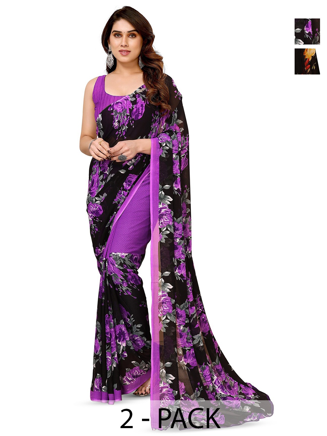 

ANAND SAREES Selection Of 2 Floral Printed Sarees, Purple