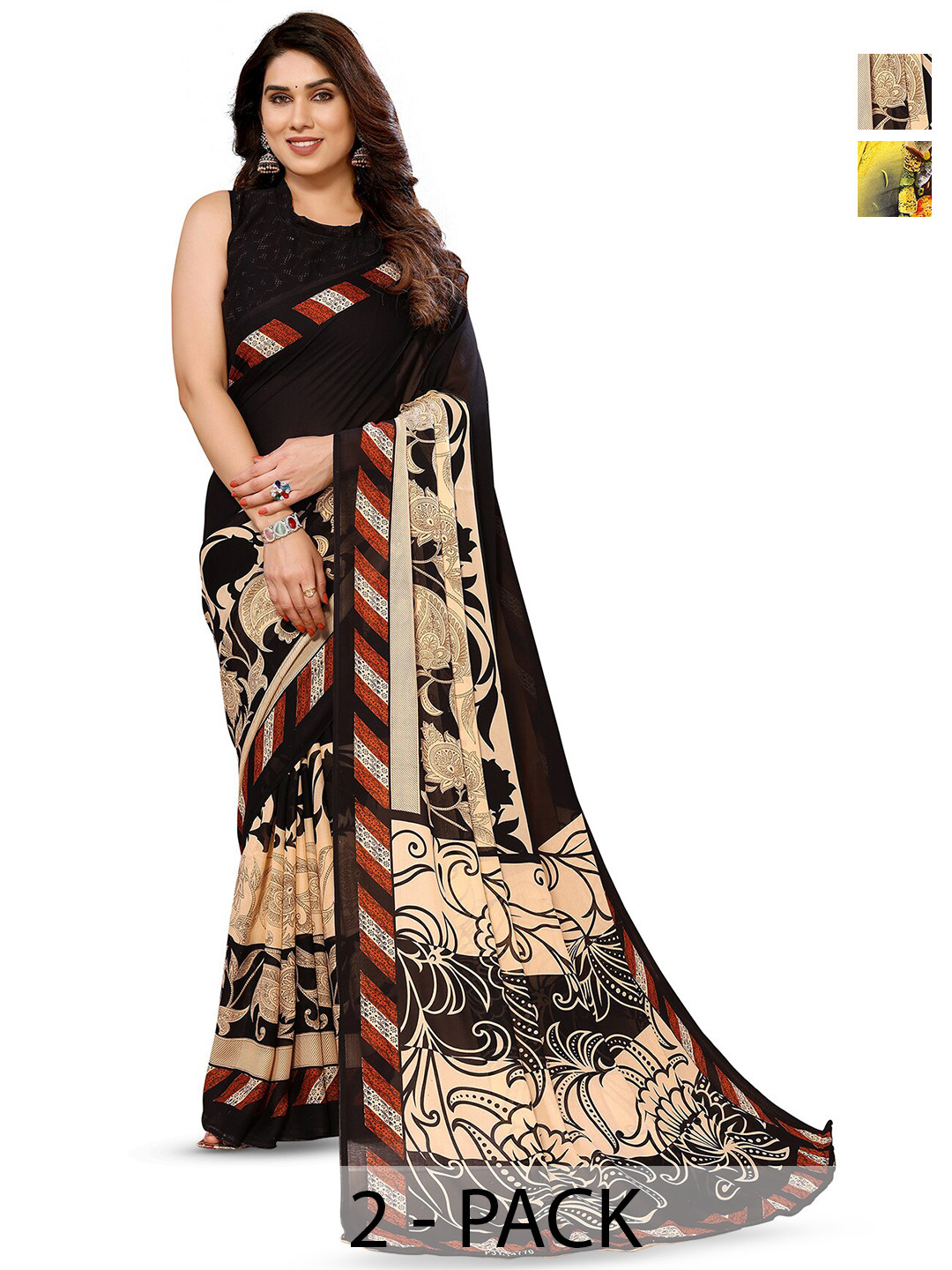 

ANAND SAREES Selection Of 2 Floral Printed Sarees, Black