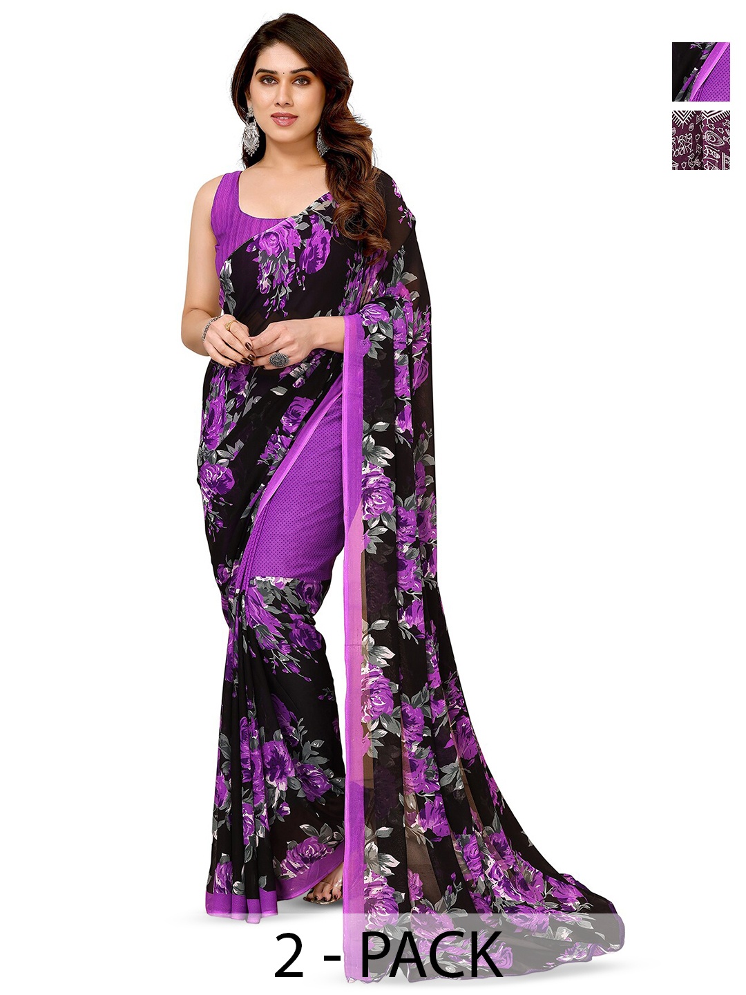 

ANAND SAREES Selection Of 2 Floral Printed Sarees, Black