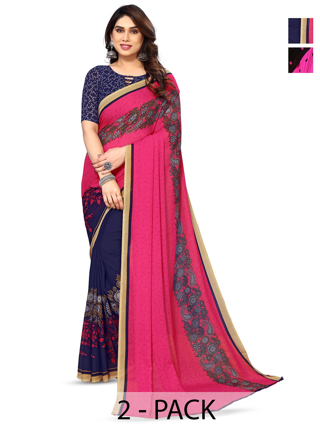 

ANAND SAREES Selection Of 2 Floral Printed Sarees, Black