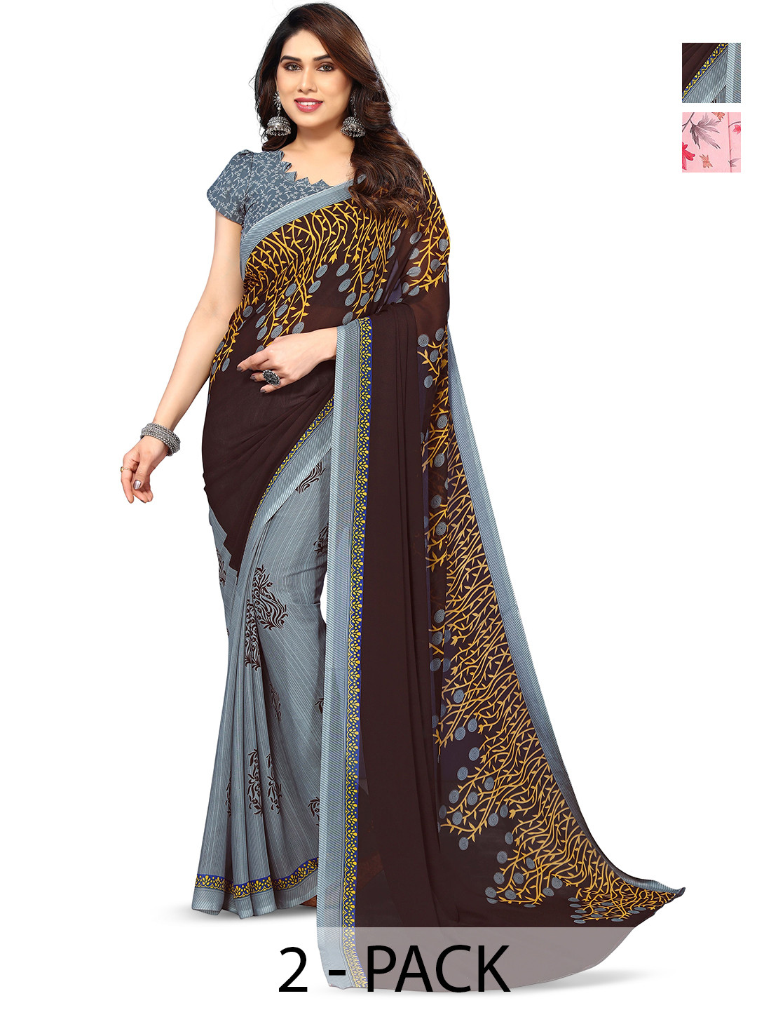 

ANAND SAREES Selection Of 2 Floral Printed Sarees, Black