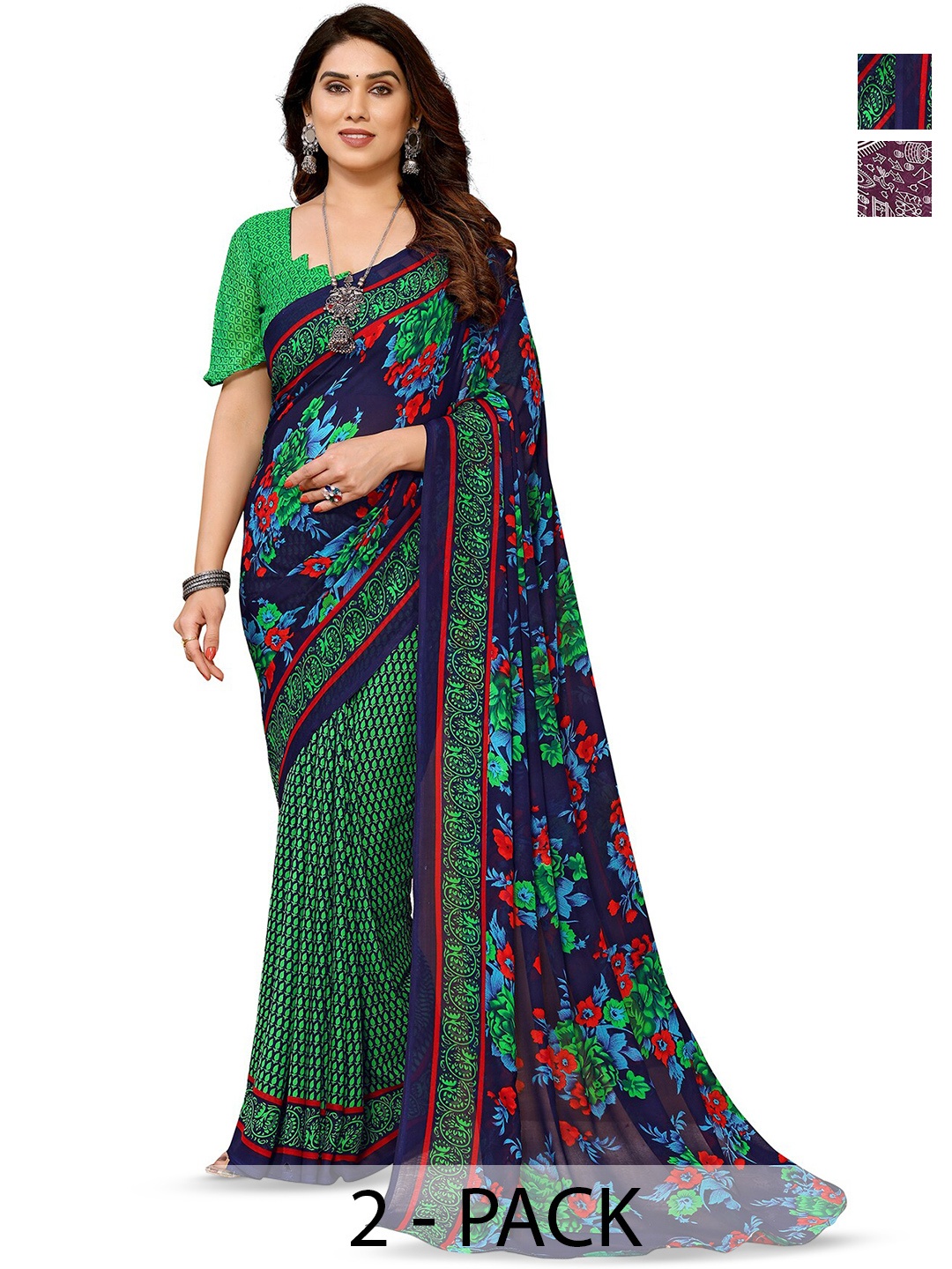 

ANAND SAREES Selection Of 2 Floral Printed Sarees, Blue