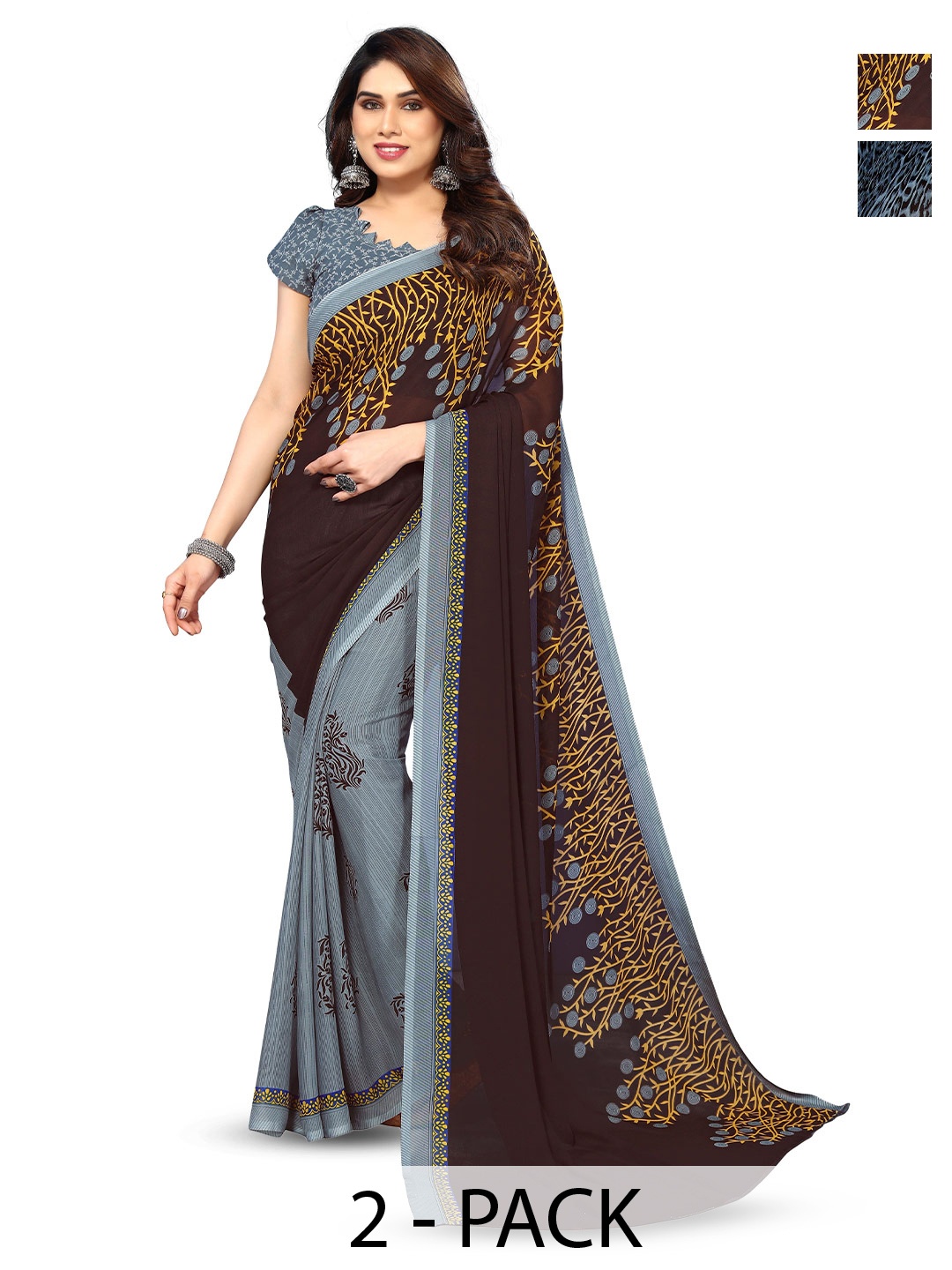 

ANAND SAREES Selection Of 2 Floral Printed Sarees, Grey