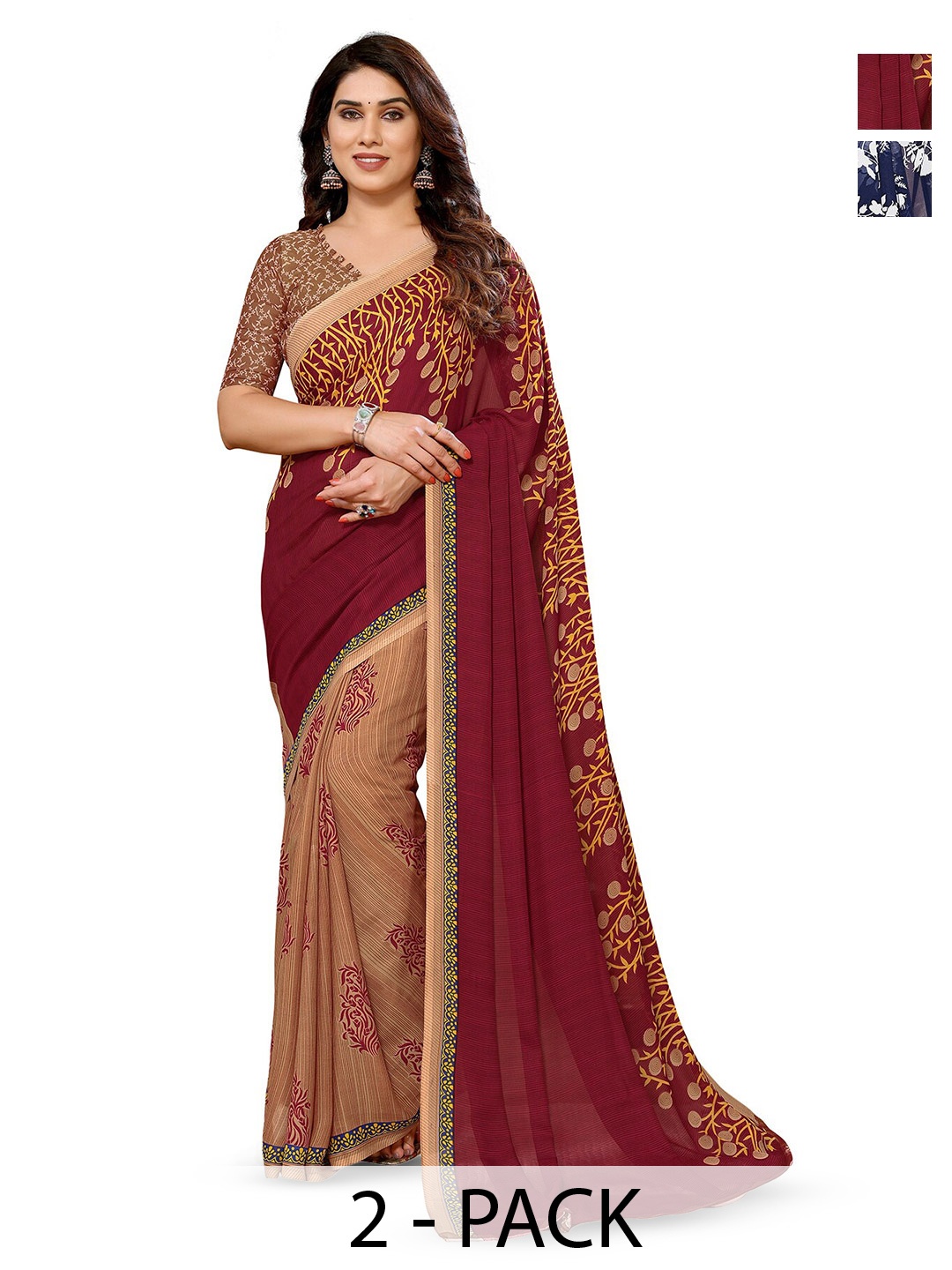 

ANAND SAREES Selection Of 2 Floral Printed Sarees, Blue