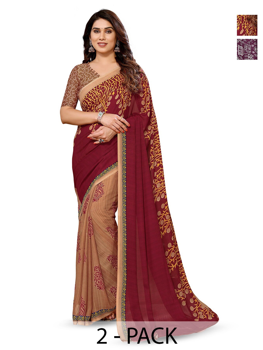 

ANAND SAREES Selection Of 2 Floral Printed Sarees, Maroon