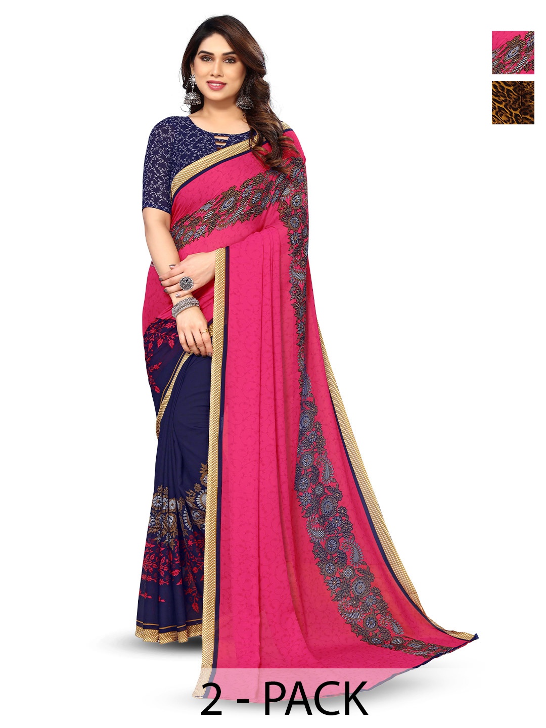 

ANAND SAREES Selection Of 2 Floral Printed Sarees, Pink