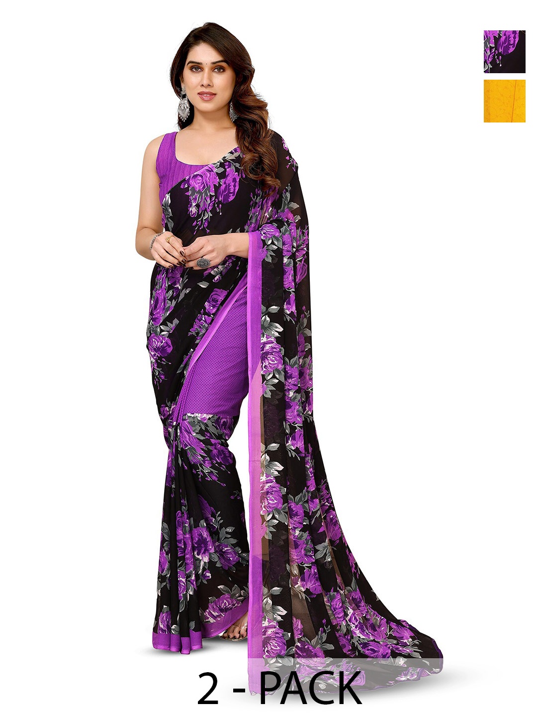 

ANAND SAREES Selection Of 2 Floral Printed Sarees, Purple