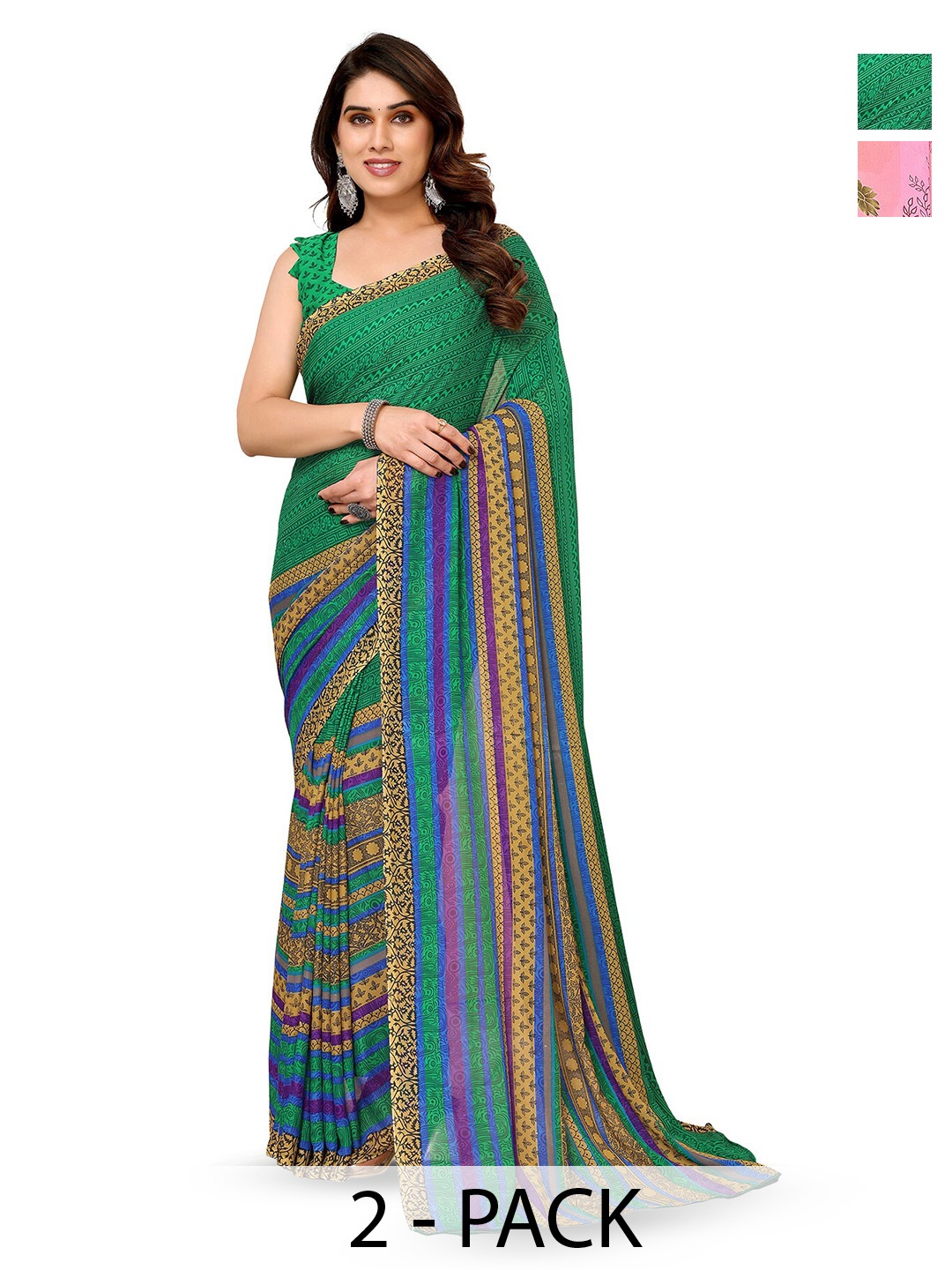 

ANAND SAREES Selection Of 2 Ethnic Motifs Printed Sarees, Green