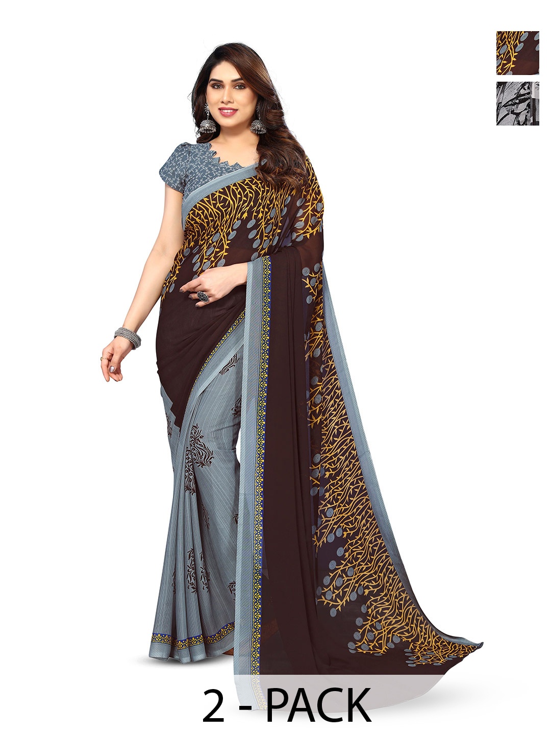 

ANAND SAREES Selection Of 2 Floral Printed Sarees, Grey