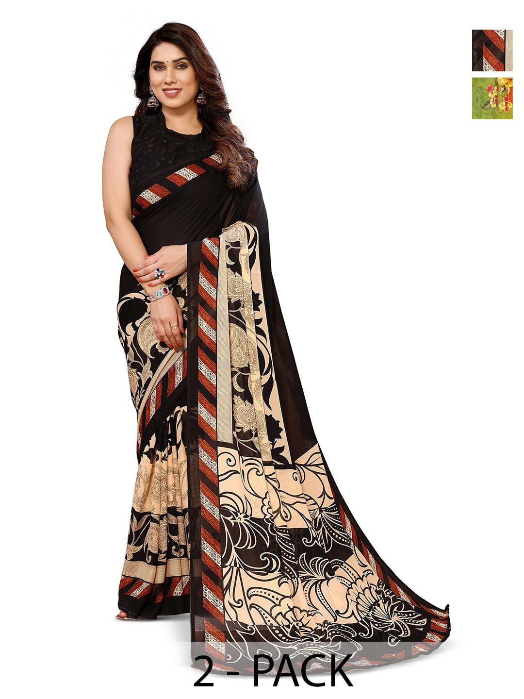 

ANAND SAREES Selection Of 2 Floral Printed Sarees, Green