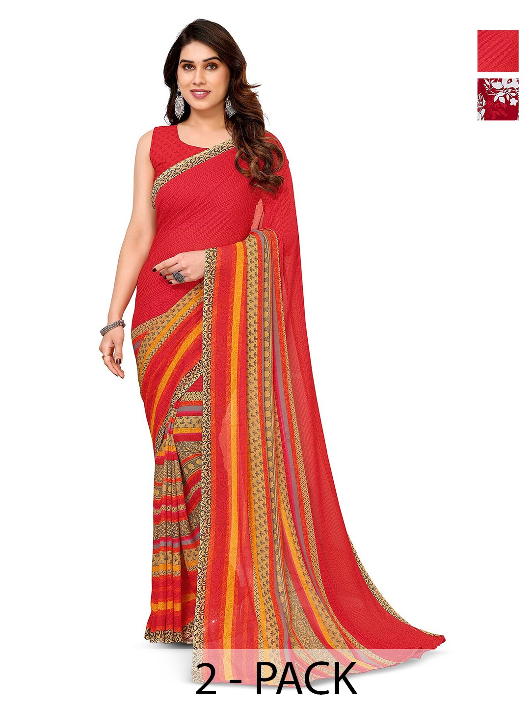 

ANAND SAREES Selection Of 2 Floral Printed Sarees, Red