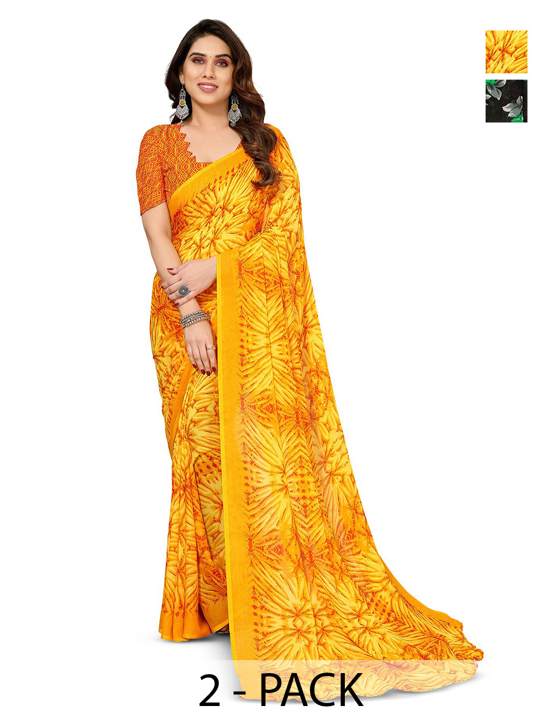 

ANAND SAREES Selection Of 2 Floral Printed Sarees, Green