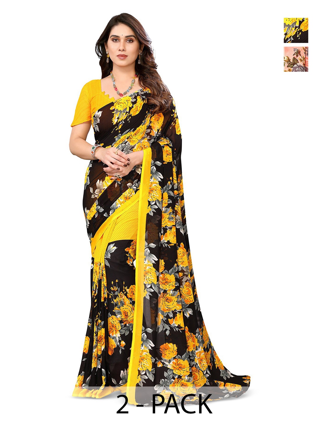 

ANAND SAREES Selection Of 2 Floral Printed Sarees, Yellow