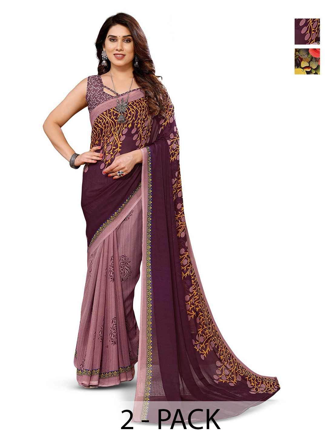 

ANAND SAREES Selection Of 2 Floral Printed Sarees, Maroon
