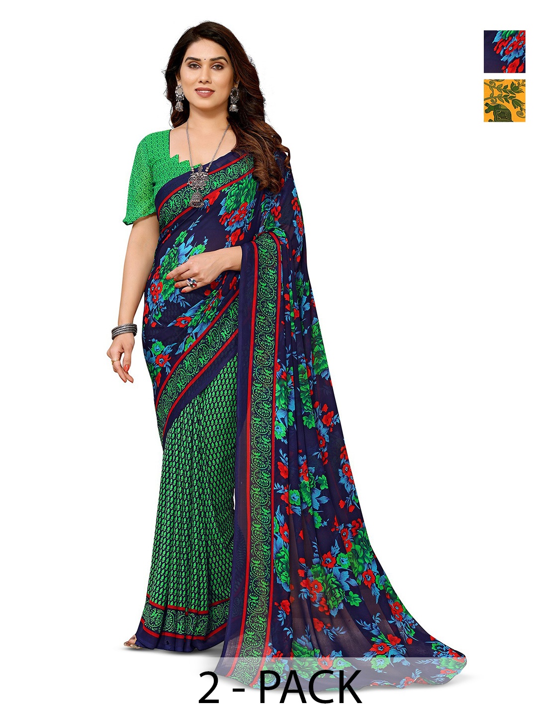 

ANAND SAREES Selection Of 2 Floral Printed Sarees, Navy blue