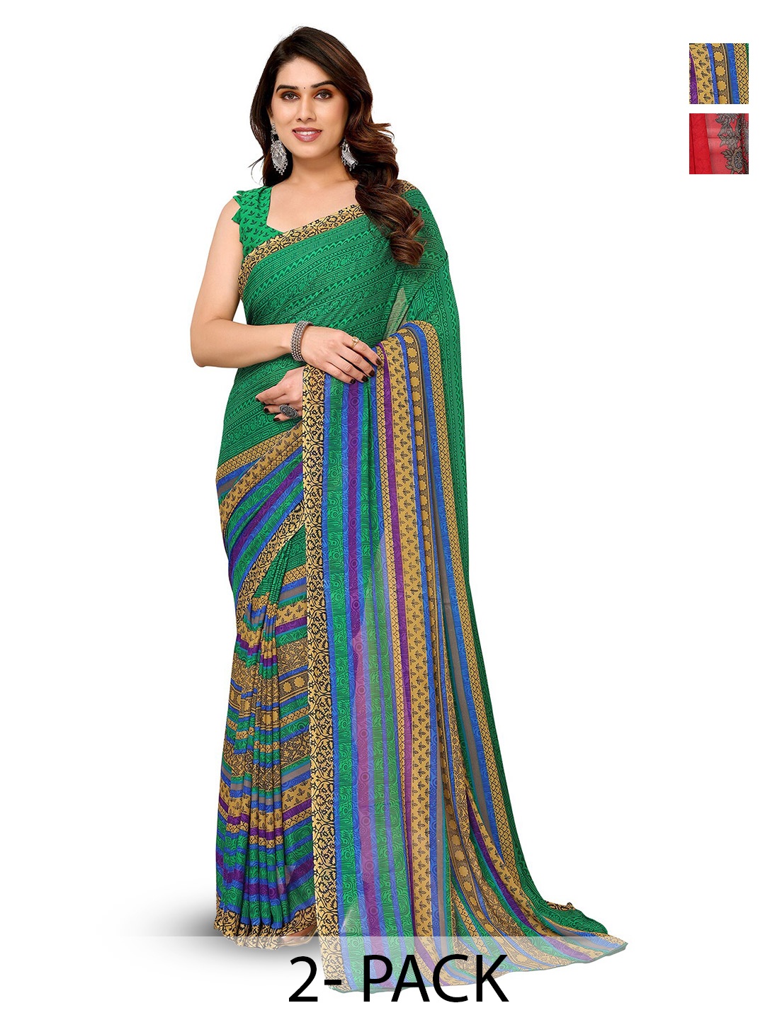 

ANAND SAREES Selection Of 2 Ethnic Motifs Printed Sarees, Green