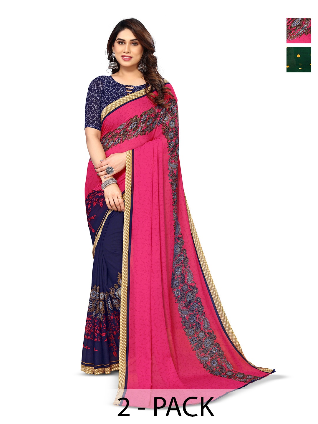 

ANAND SAREES Selection Of 2 Ethnic Motifs Printed Sarees, Fuchsia