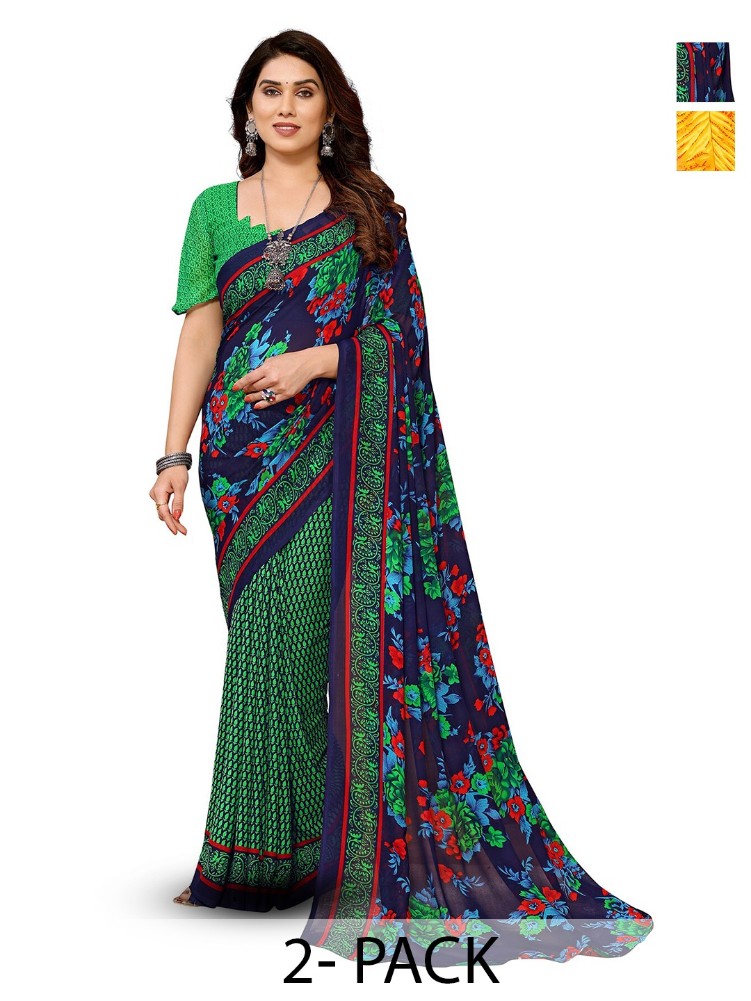 

ANAND SAREES Selection Of 2 Ethnic Motifs Printed Sarees, Green