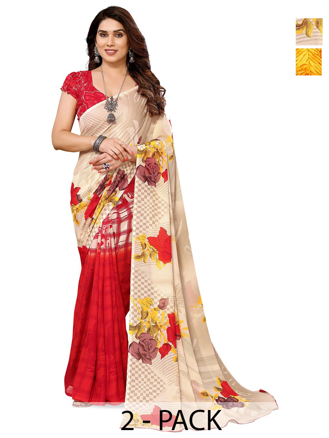 

ANAND SAREES Selection Of 2 Ethnic Motifs Printed Sarees, Red