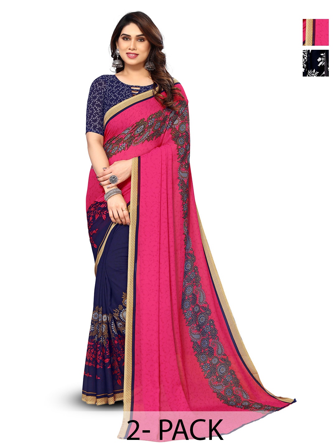 

ANAND SAREES Selection Of 2 Floral Printed Saree, Fuchsia