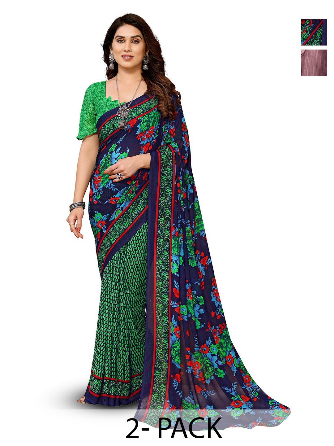 

ANAND SAREES Selection Of 2 Floral Printed Saree, Navy blue