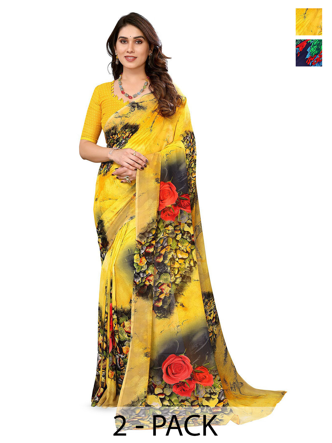 

ANAND SAREES Selection Of 2 Floral Printed Saree, Yellow