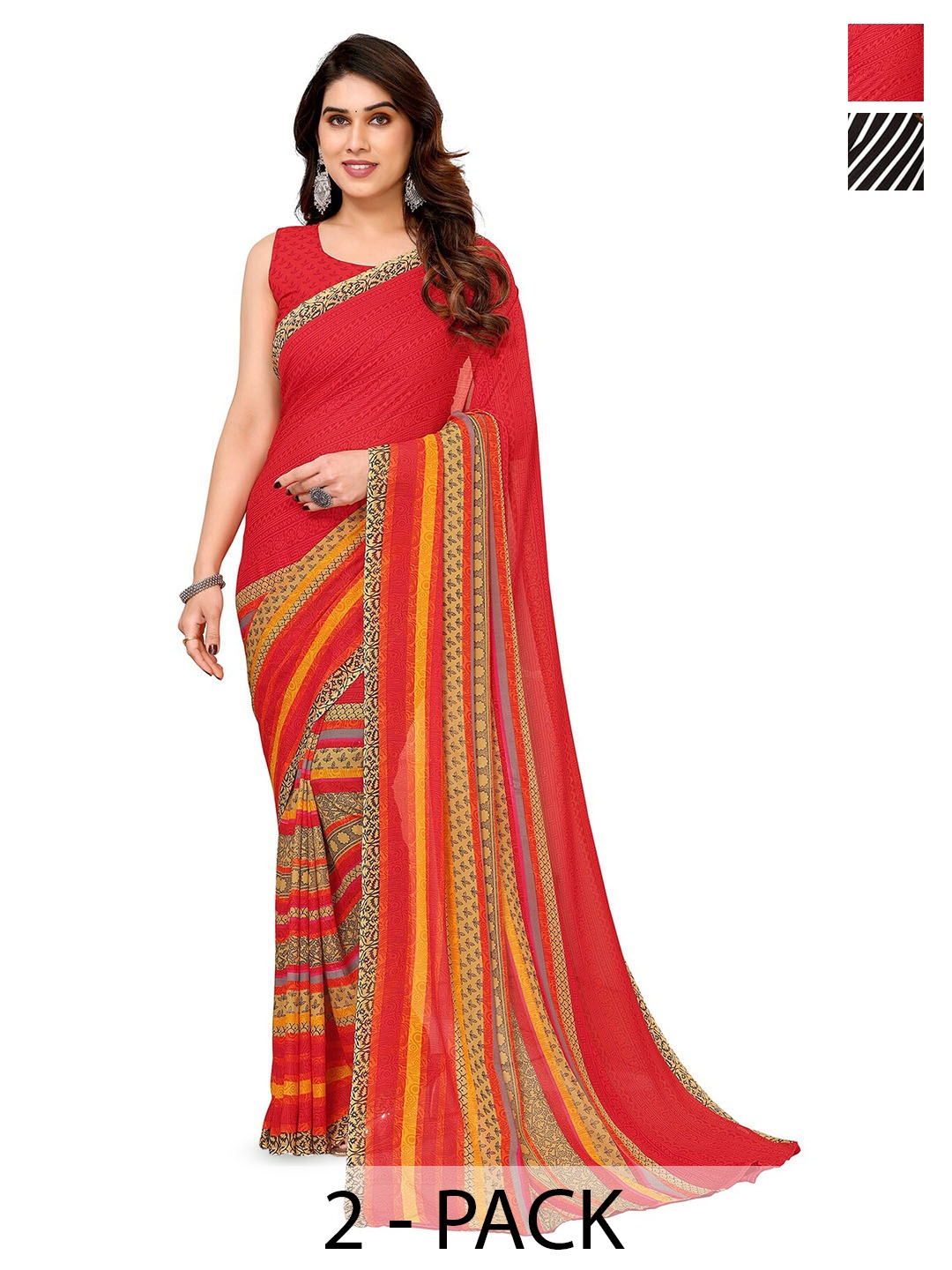 

ANAND SAREES Selection Of 2 Printed Saree, Red