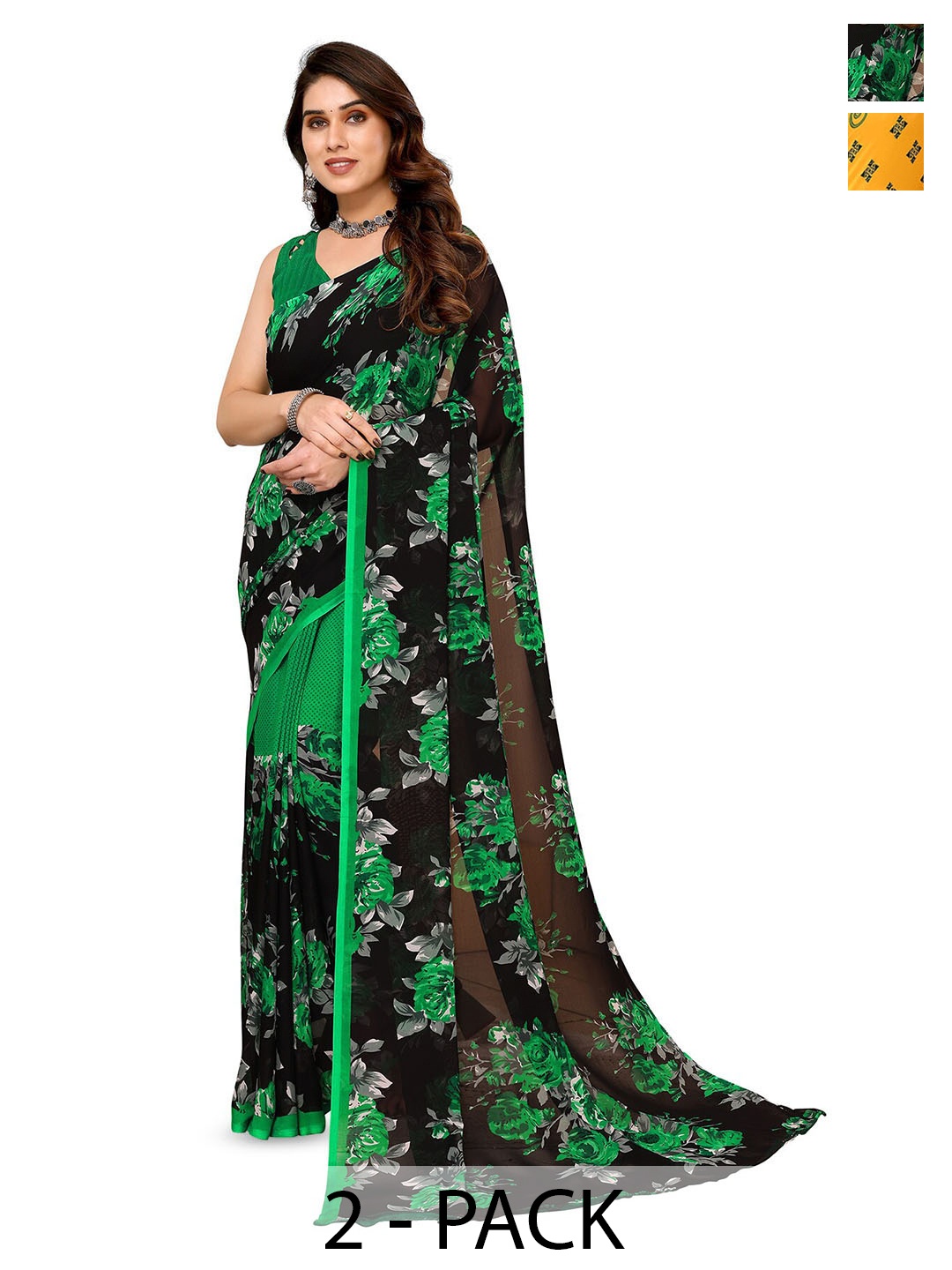 

ANAND SAREES Selection Of 2 Floral Printed Saree, Black
