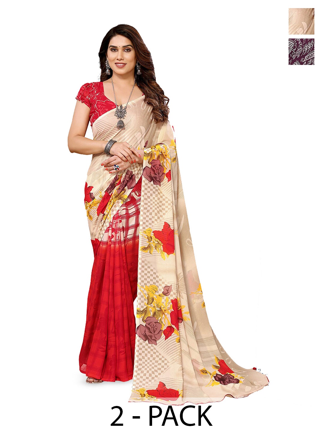 

ANAND SAREES Selection Of 2 Floral Printed Saree, Beige