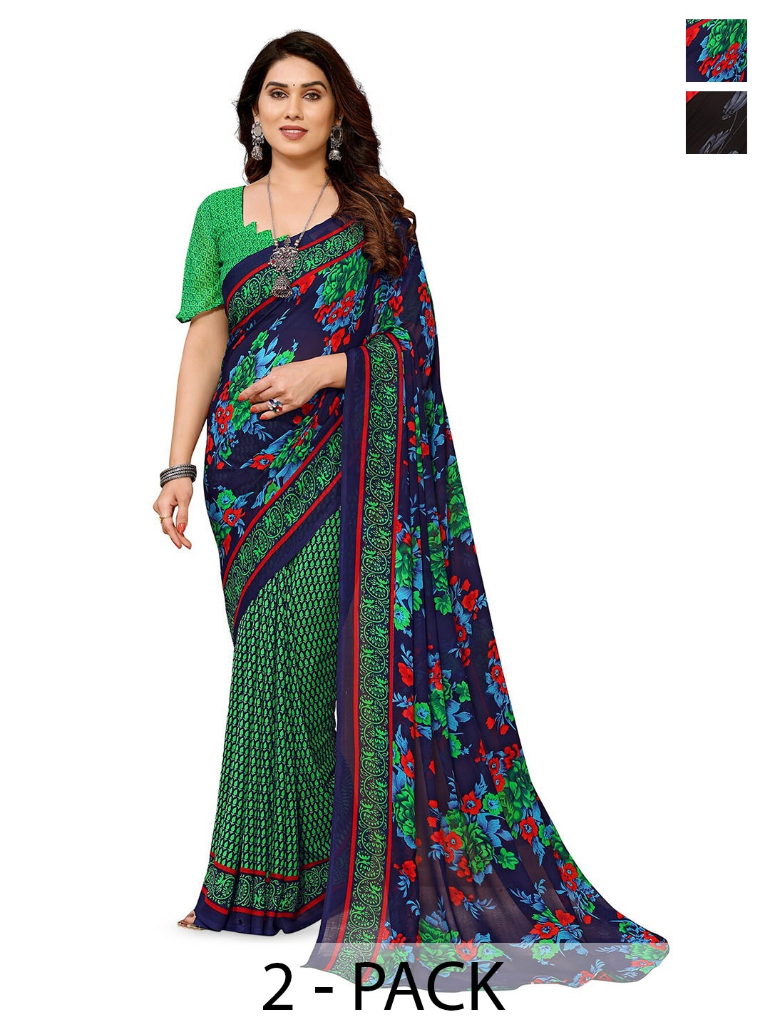 

ANAND SAREES Selection Of 2 Floral Printed Saree, Green