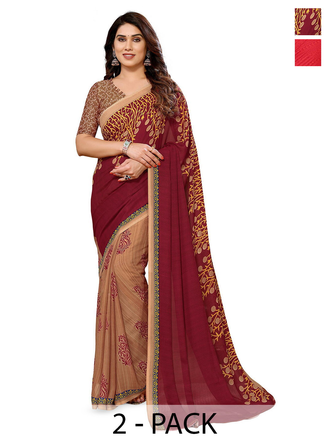 

ANAND SAREES Selection Of 2 Floral Printed Saree, Brown